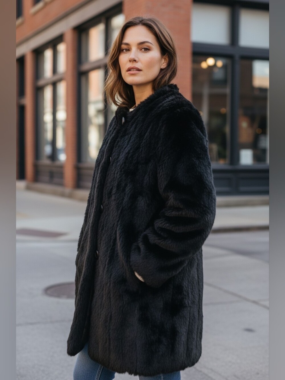 Women’s Black Teddy Coat - Plush Button-Front Jacket 1067